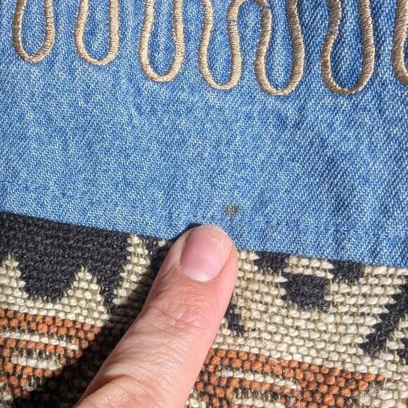 Vtg 1990s Keren Hart Denim Tribal Print Cotton Patchwork Button Up Jacket Sz M - Picture 4 of 5